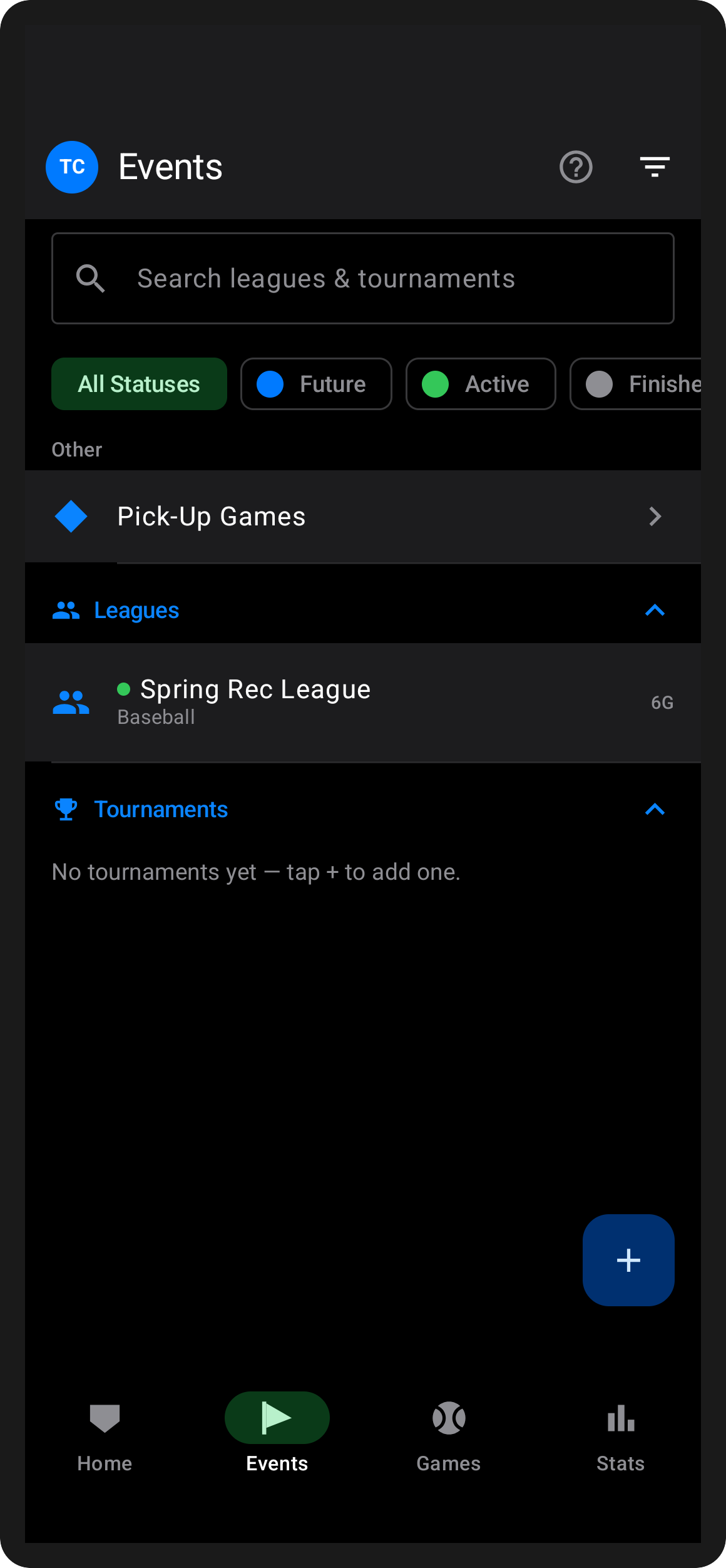 Events screen on Android — leagues and tournaments in one list