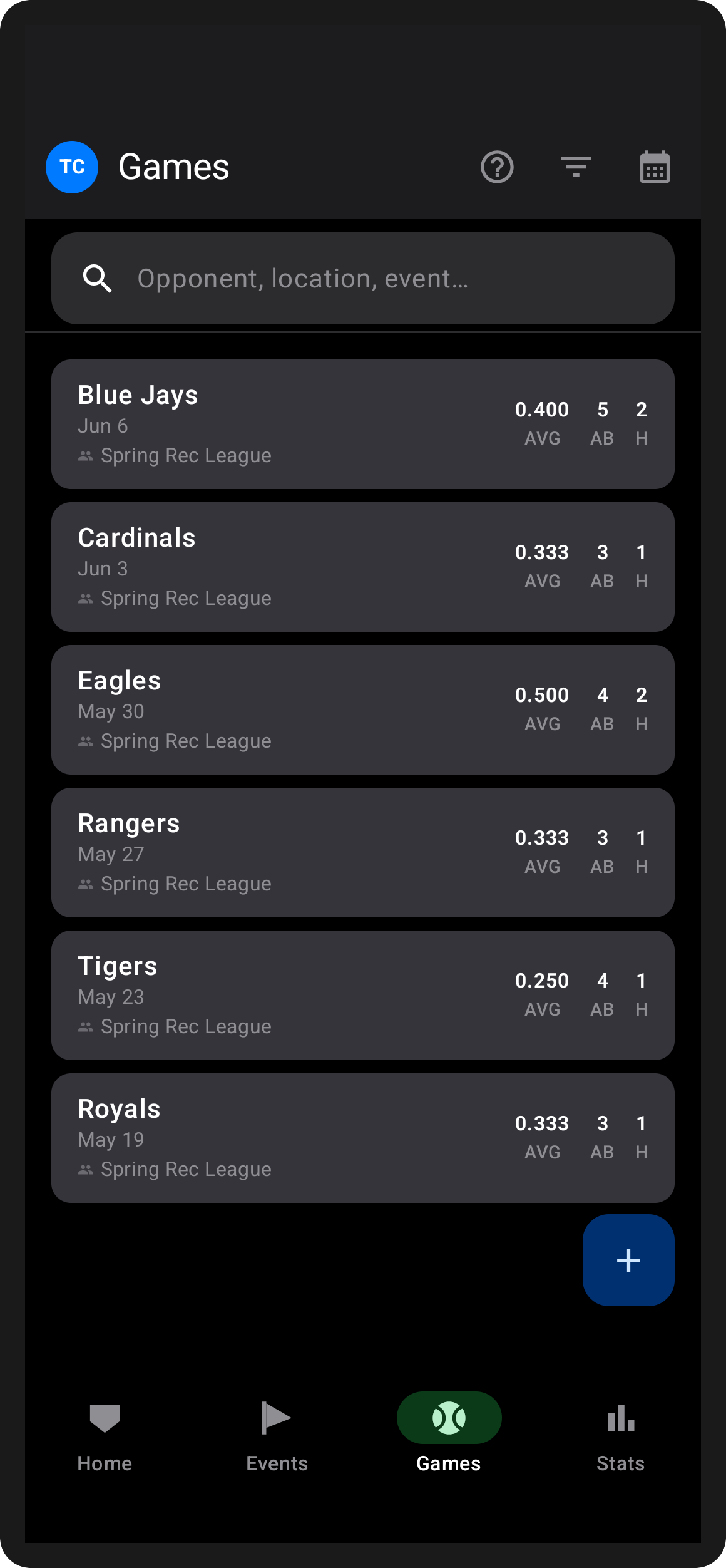 Games list on Android — all logged games with records and dates