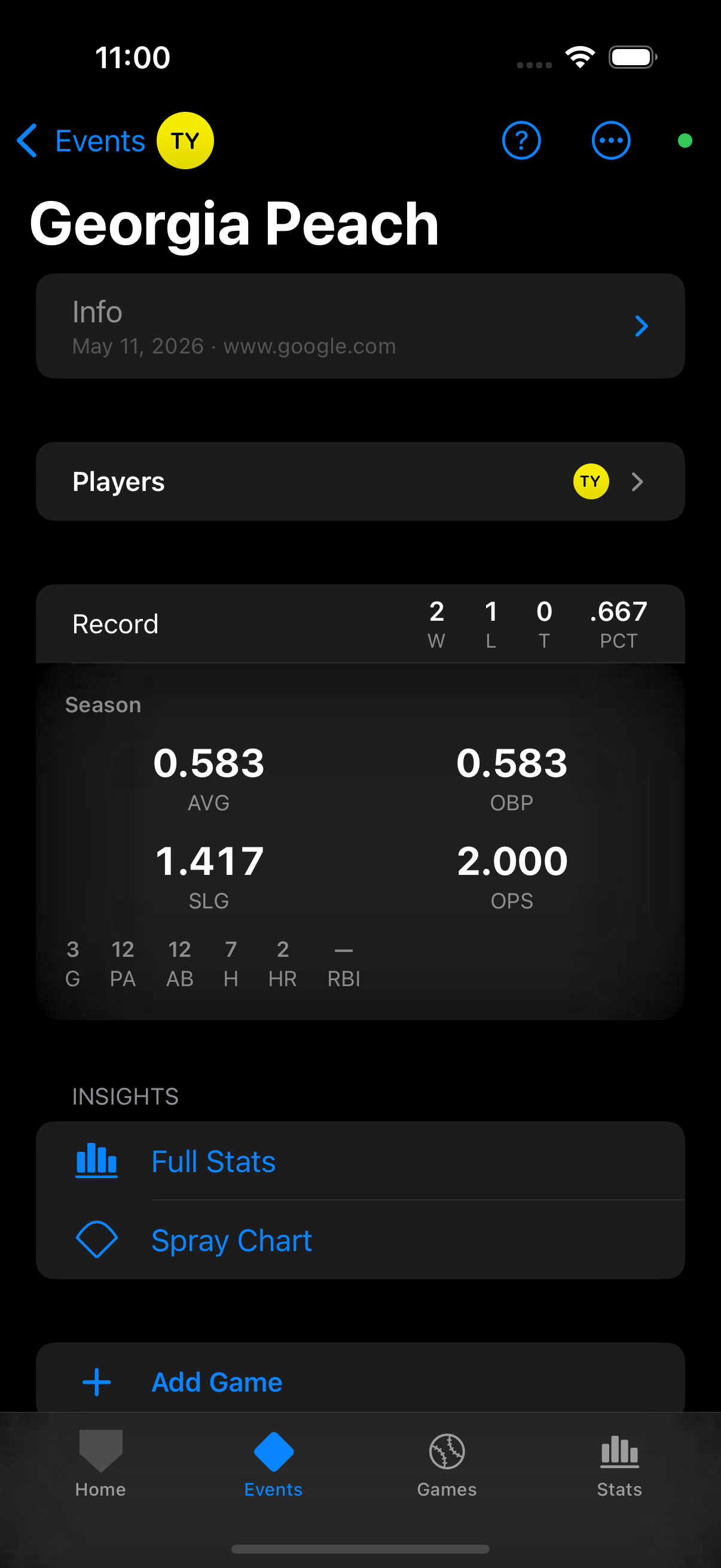 Tournament overview showing record, season stats, game list, and Add Game button
