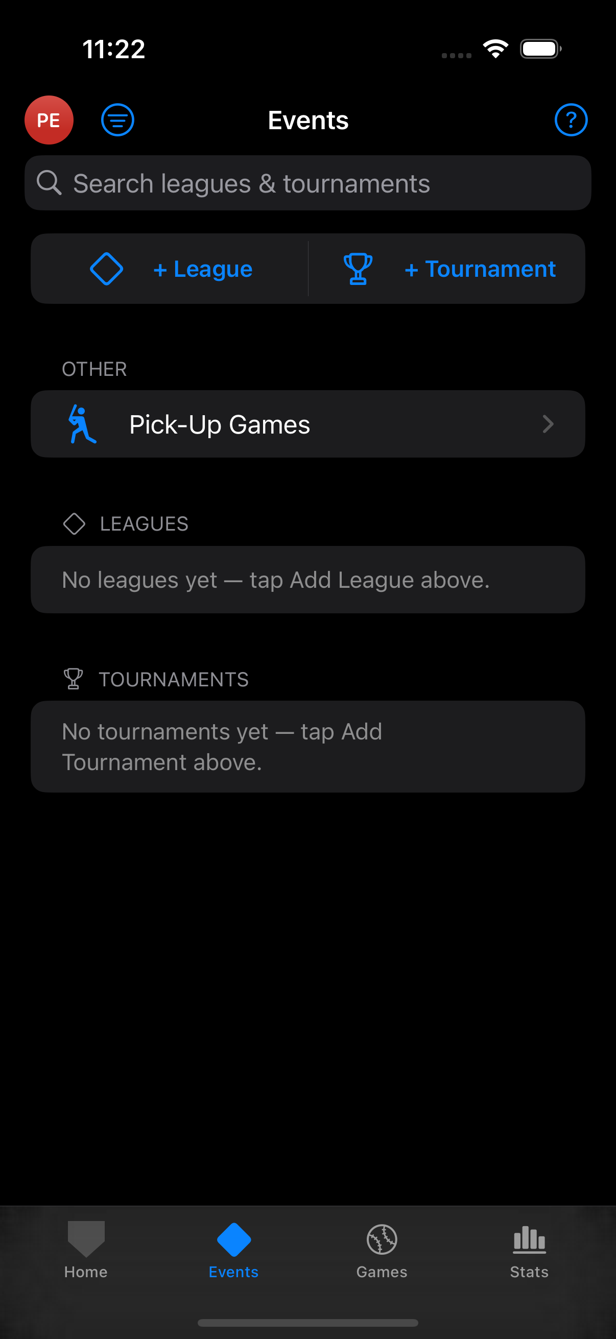 Events tab showing both League and Tournament options in one place