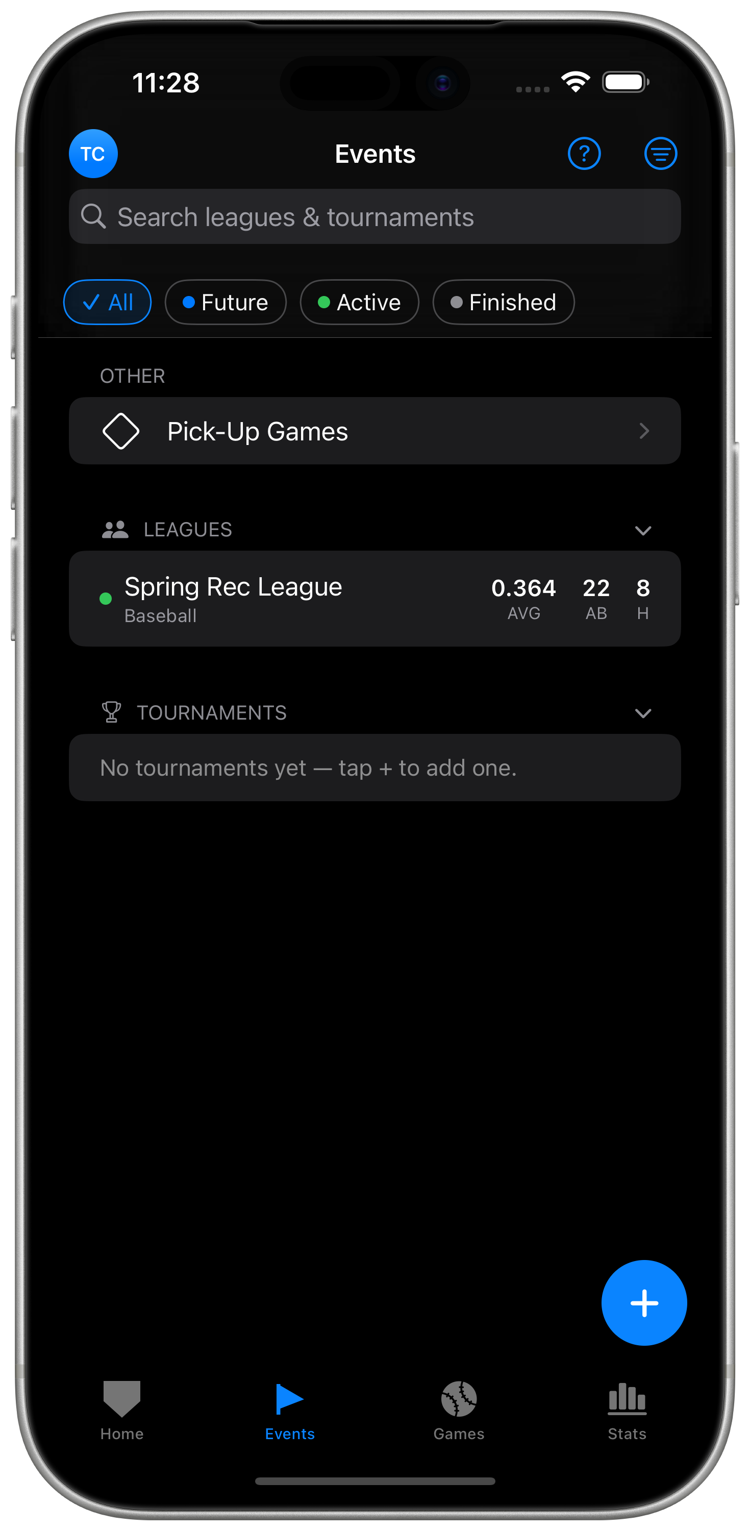 Events screen on iPhone — leagues and tournaments in one list