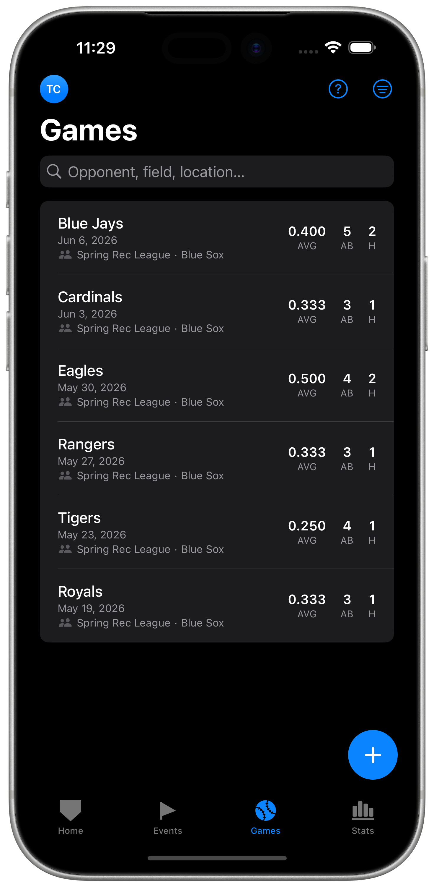 Games list on iPhone — all logged games with records and dates