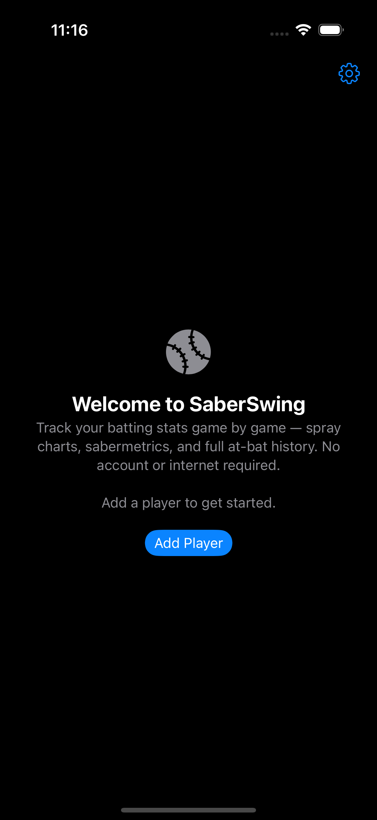 SaberSwing first launch — welcome screen with no login, just an Add Player button