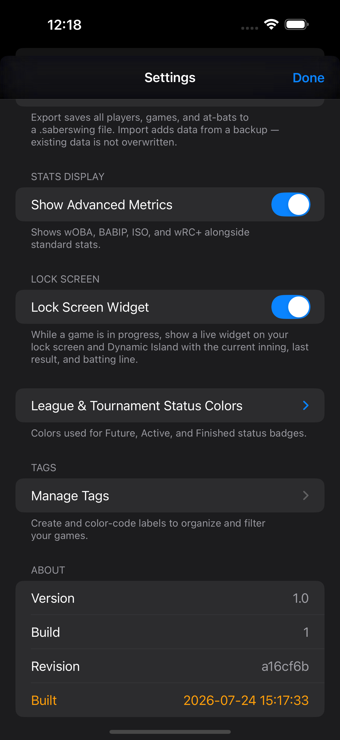 Settings screen showing the Data & Backups section with Export Backup and Import Backup buttons