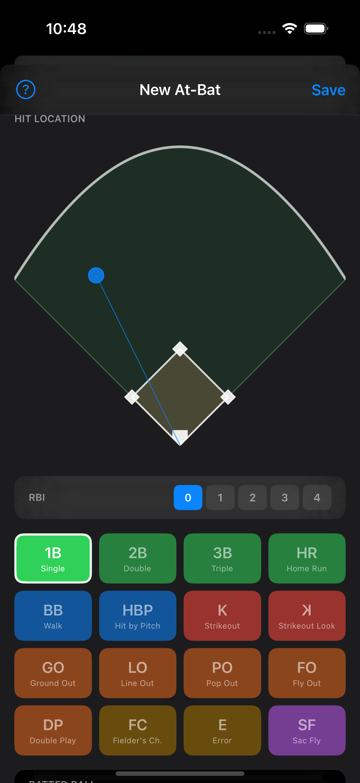 Quick Entry with 1B selected and hit location placed — one tap from saved