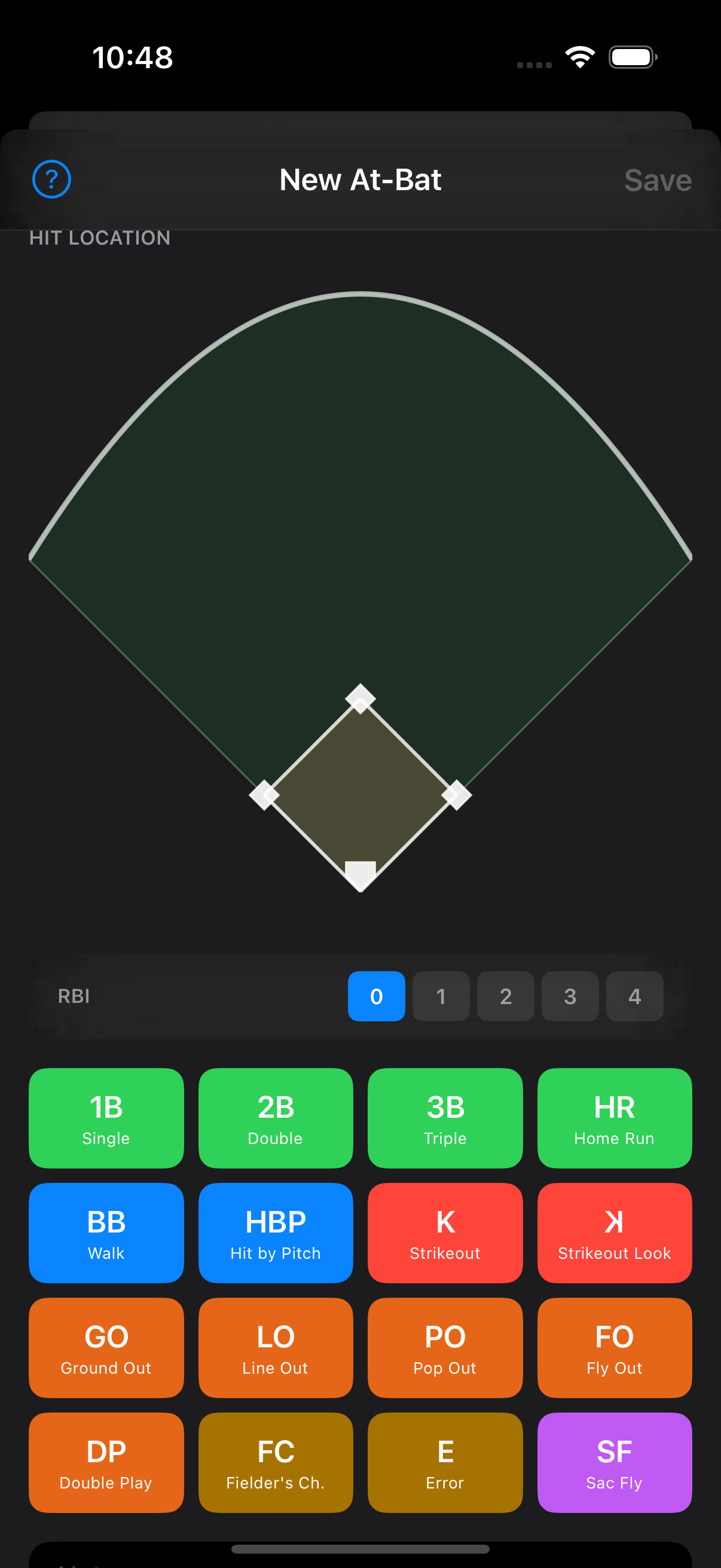 Quick Entry screen with all outcome buttons visible — ready to log