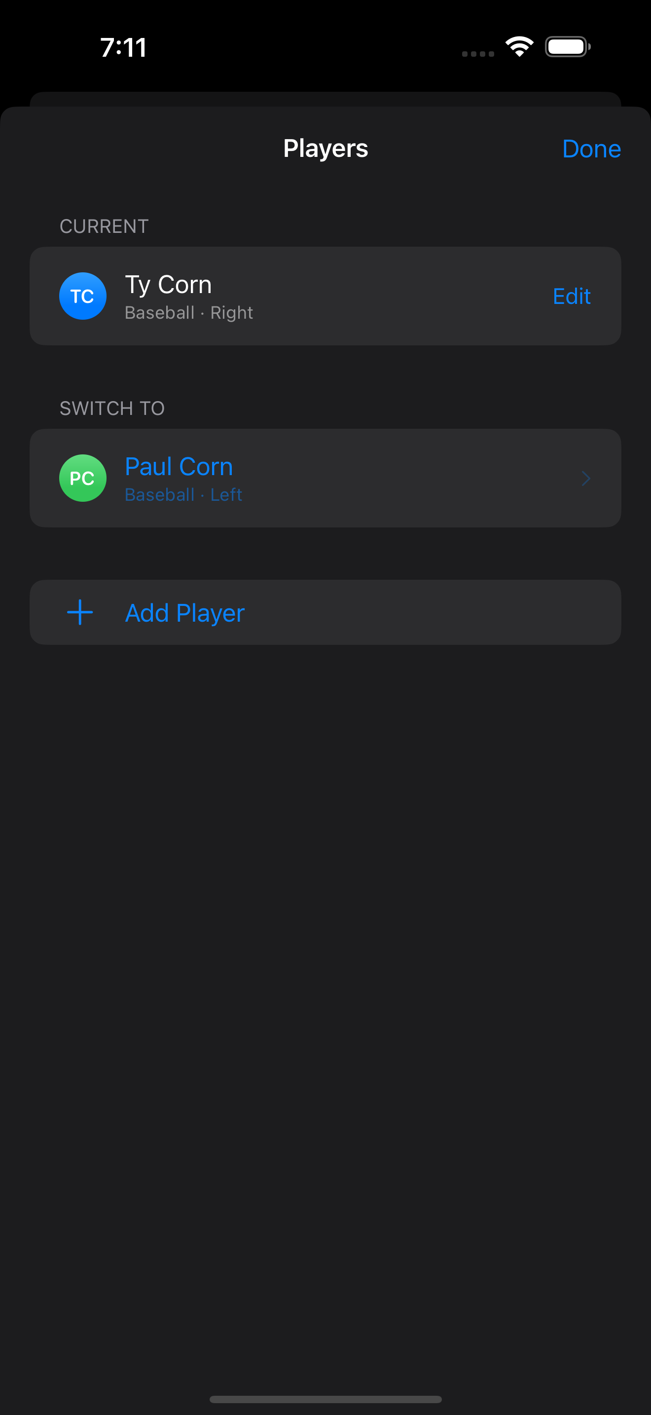 Player switcher sheet showing the current player and a second player ready to switch to