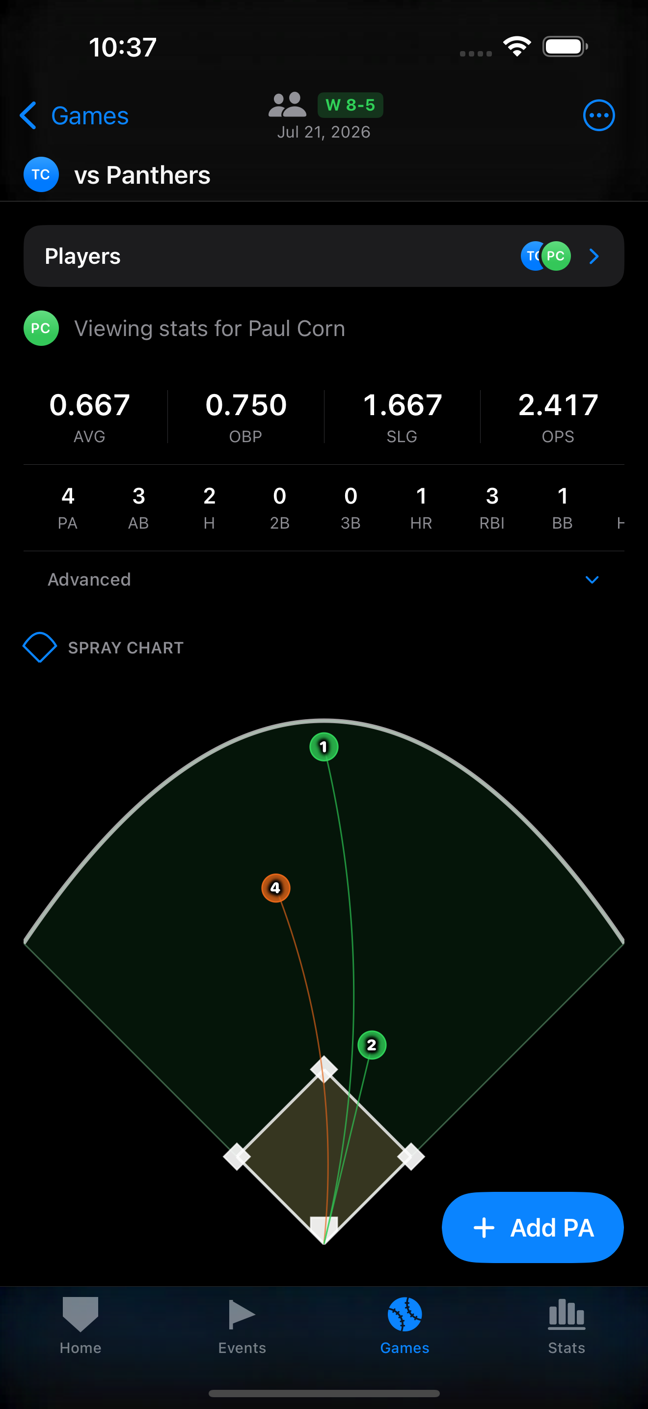 Game entry screen switched to the second player, showing a Viewing stats for Paul Corn banner and his own at-bat log